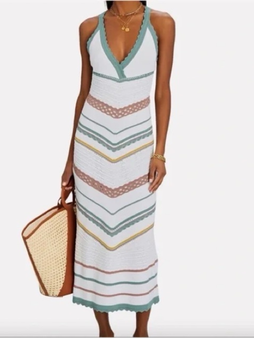 Alexis Allia Halter Knit Chevron Maxi Dress with Green and Pink Trim